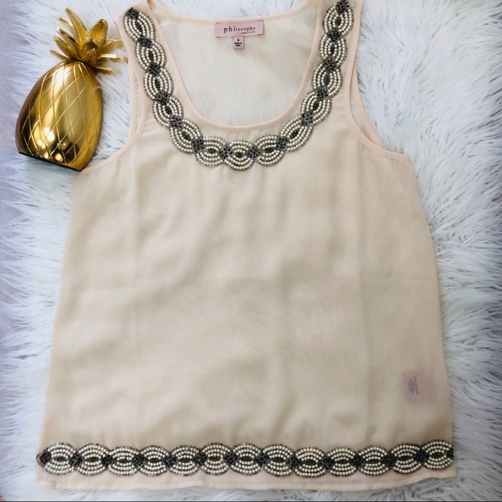 Philosophy Bead Sheer Peach Cream Camisole Top Blouse - Picture 7 of 8